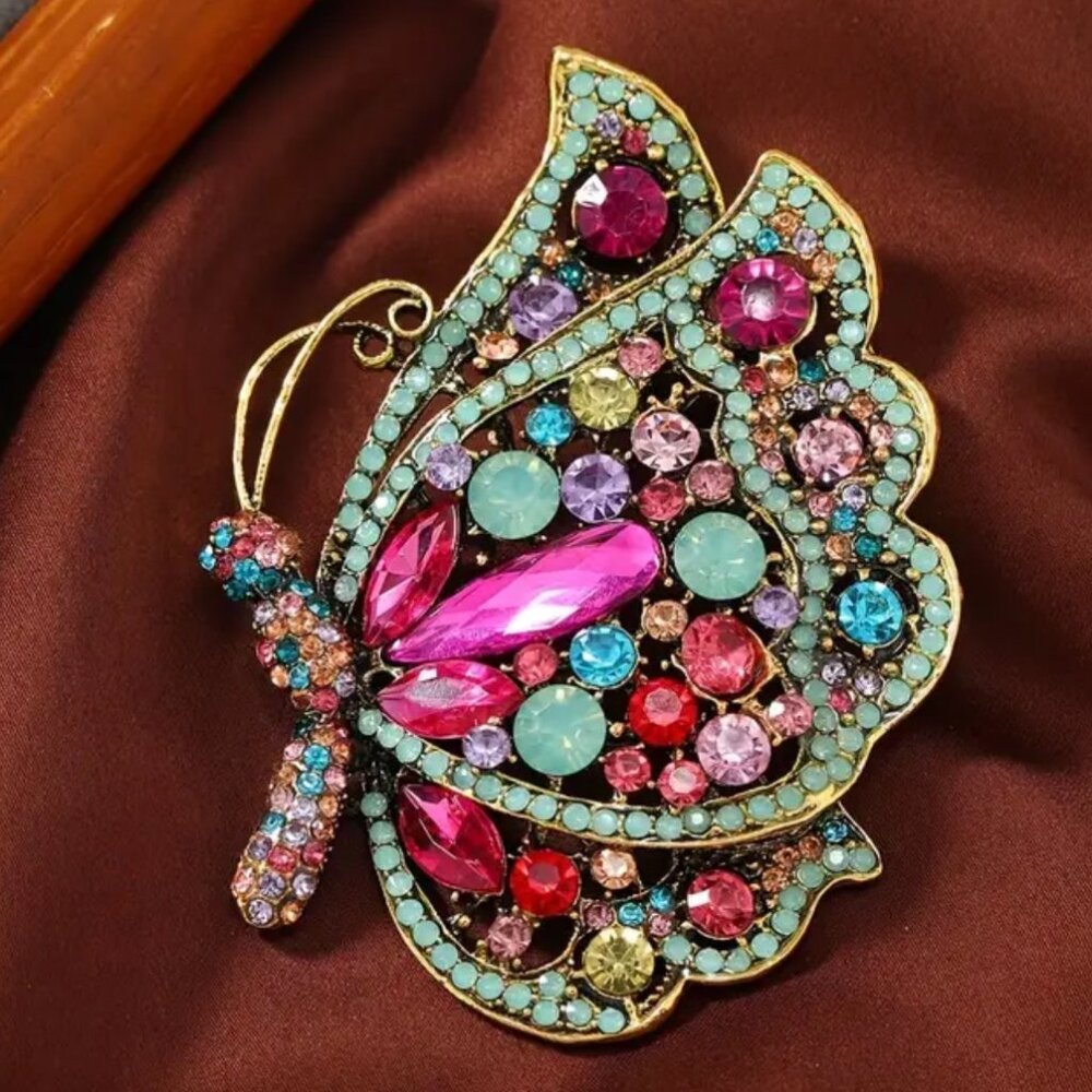 Multicolor Crystal Butterfly Brooch - Gold Tone
